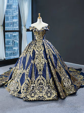 Blue Ball Gown Sequins Off the Shoulder Luxury Prom Dress
